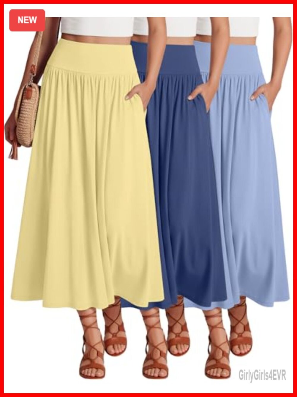 Women's 3 Pack Maxi Long Pleated A-Line Skirts with Pockets Ankle Length